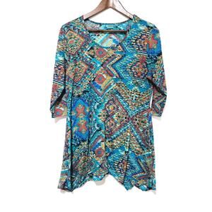 Tianello by Steve Barraza Tapestry Print Knit Burnout Toni Tunic Top Size M Boho